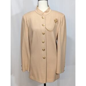 St John Knit Jacket Size 12 Silk Lined Collar Gold Buttons Removable Brooch